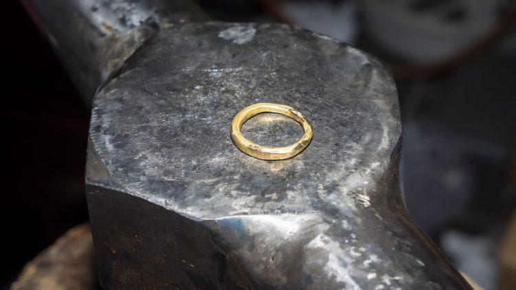 A golden ring in the making at goldsmith Merete Mattson’s workshop.